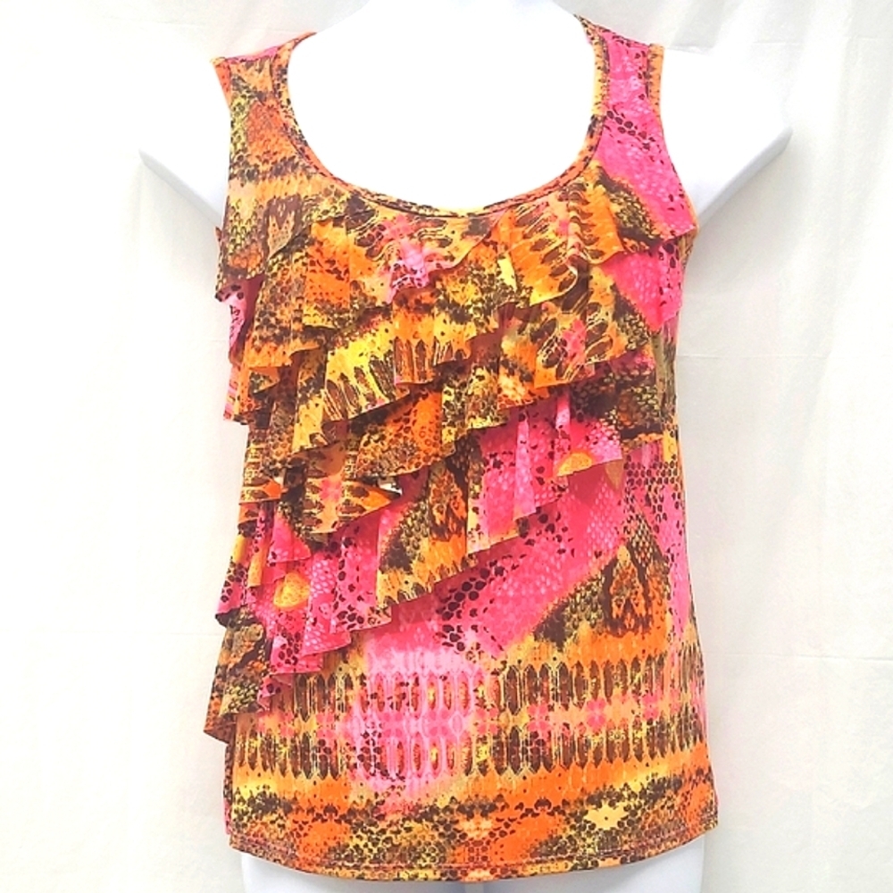 Ruffled Tank Top Pink Orange Yellow Snakeprint Wide Strap